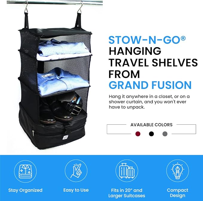 Grand Fusion Stow-N-Go Travel Luggage Organizer – Portable Hanging Travel Shelves, Carry-On Closet Organizer, Hanging Packing Cubes, Collapsible Carry-On Organizer for Cruises & Hotels. Black - L