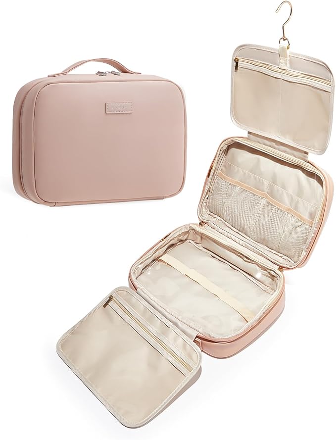 EACHY Travel Toiletry Bag with Hanging Hook, Portable Makeup Cosmetic Bags for Women, Water-Resistant Full-Size Travel Accessories (Pink)