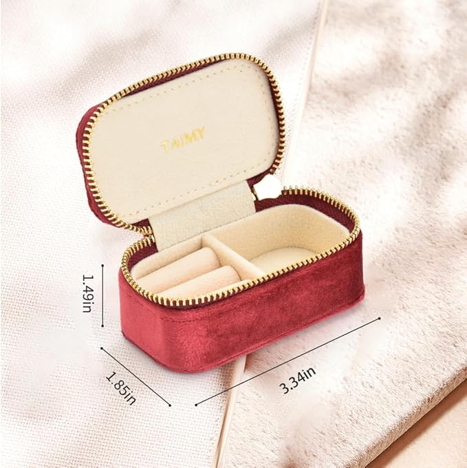 Small Travel Jewelry Case, Mini Tiny Plush Velvet Jewelry Box for Women and Girls, Pocket Size Jewelry holder organizer for Rings Earrings and Small Items(Burgundy)