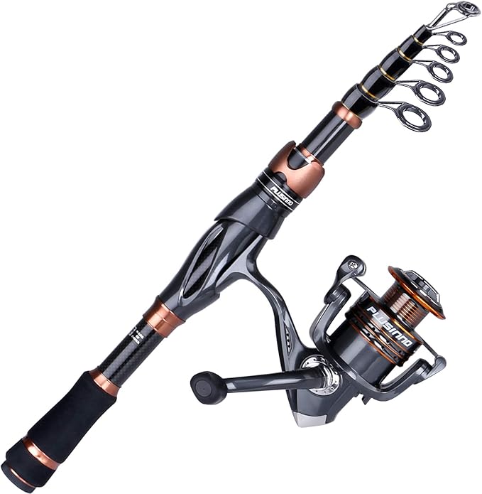 PLUSINNO Fishing Rod and Reel Combos, Bronze Warrior Toray 24-Ton Carbon Matrix Telescopic Fishing Rod Pole, 12 +1 Shielded Bearings Stainless Steel BB Spinning Reel, Travel Freshwater Fishing Gear