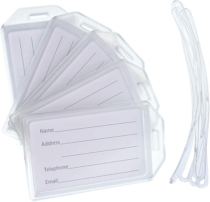 5 Pack - Premium Rigid Airline Luggage Tag Holders with 6" Worm Loops - Heavy Duty Hard Plastic -Suitcase ID Tag Identifiers with Business Card Insert Window by Specialist ID (Translucent/Clear)