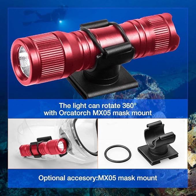 ORCATORCH D560 Mini Scuba Dive Light Headlamp 650 Lumen Mask Diving Flashlight with 360° Rotatable Mask Clip, Underwater 150m Backup Headlight with Rotary Switch (Not Included Snorkel Mask) (Red)