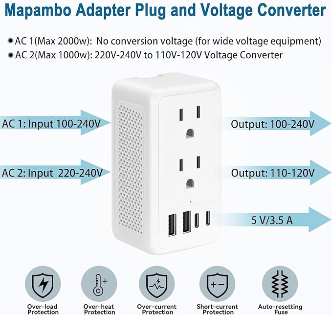 Mapambo 2000W 220V to 110V Voltage Converter US to Europe, Power Converter European Travel Converter for Hair Dryer, Power Converter Adapter Combo with Type C USB A for 150 Countries (White)