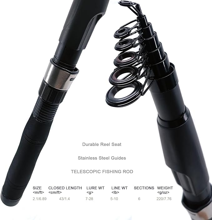 Fishing Rod Reel Combos, 2PCS 2.1m/6.89ft Collapsible Fishing Rods + 2PCS Spinning Reels + Fishing Lines Fishing Lures Carrier Bag, Telescopic Fishing Pole Set Sea Saltwater Freshwater Kit