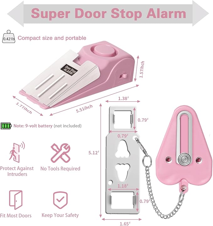Portable Door Lock & Door Stop Alarm Set, Dual Protection Home Security Door Kit, Travel Hotel Door Lock Devices Pocket Self Defensey Tools for Traveling Hotel Home Apartment,Pink