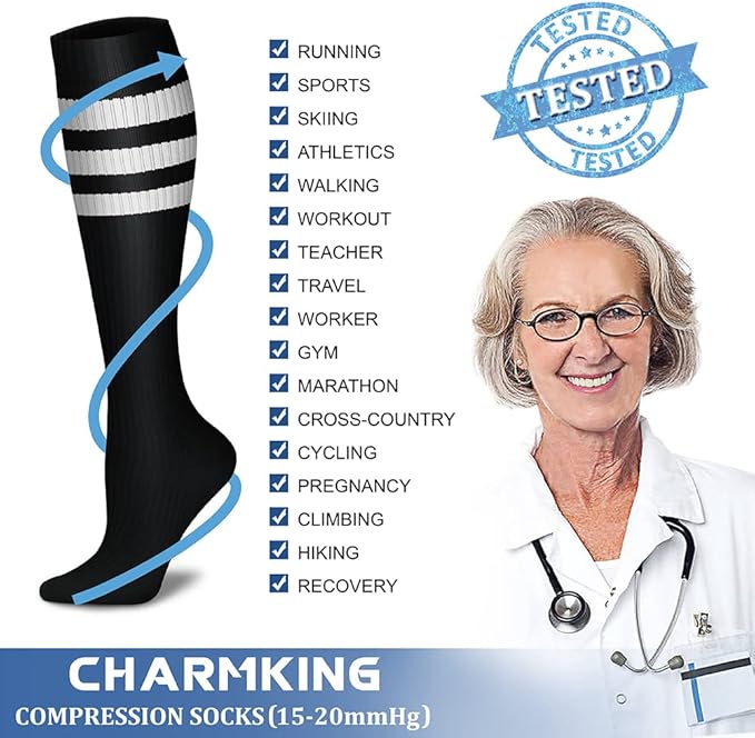 CHARMKING Compression Socks for Women & Men Circulation (3 Pairs) 15-20 mmHg is Best Support for Athletic Running Cycling