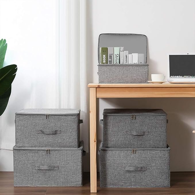 ANMINY Storage Bins with Zipper Lids 36 Qt Lidded Fabric Storage Boxes Baskets Cubes with Handles Collapsible Washable Cotton Linen Closet Shelf Clothes Organizer Containers - Gray, Large