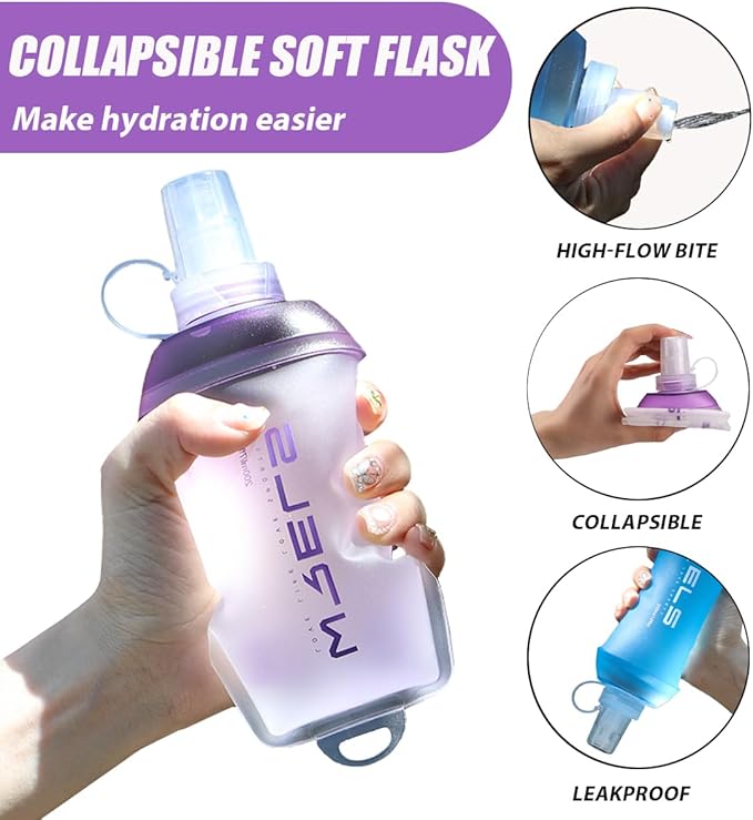 200ml/350ml/500ml Collapsible Soft Flask,BPA Free Folding Soft Water Bottle with Hanging Ring,Lightweight TPU Hydration Flask for Running Marathon Cycling Hiking(500ml-2 Packs)