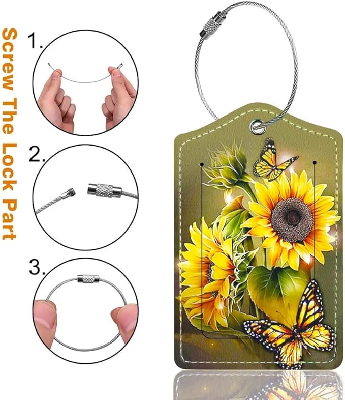 2 Pack Luggage Tag for Suitcase, Cute Unique Leather Bag Tags Identifiers Privacy Cover ID Label with Durable Steel Loop for Women Men Kids Girls Travel, Sunflower