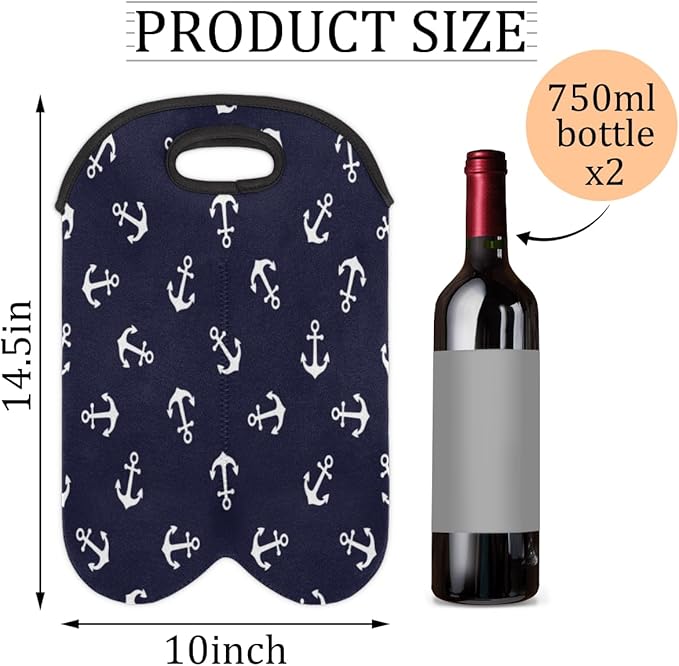 Nautical Anchors 2 Bottle Wine Carrier Tote Bag Insulated Wine Bottles Neoprene Bag with Secure Carry Handle Portable Wine Cooler Bag for Travel Picnic Beach