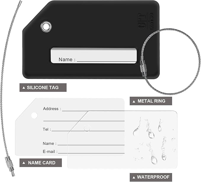 8 Pcs Luggage Tags for Suitcases, 26 Initial Letter Travel Luggage Baggage Identification Labels ID Tags Fully Bendable Tags with Stainless Steel Loop (Letter F, Black)
