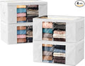 Clothes Storage Bags, Foldable Thick Fabric Blanket Storage Bags, Large Clear Window & Carry Handles, Great for Clothes, Blankets, Closets, Pillows, Toys (White, 4PACK)