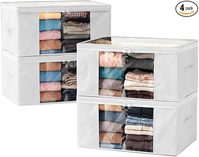 Clothes Storage Bags, Foldable Thick Fabric Blanket Storage Bags, Large Clear Window & Carry Handles, Great for Clothes, Blankets, Closets, Pillows, Toys (White, 4PACK)