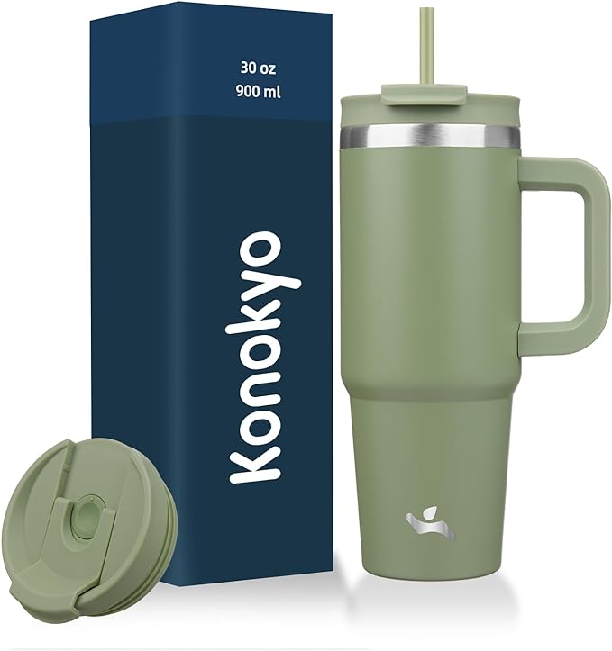 30 oz Tumbler with Handle and 2 Straws,2 in 1 Lid Insulated Water Bottle Stainless Steel Travel Coffee Mug,Army Green
