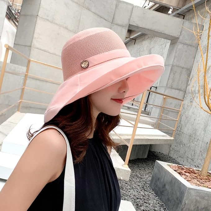 Women Wide Brim Sun Hats Metal Wired Edge Summer UV Protection Beach Fishing Hat for Hiking Garden Travel Chin Strap