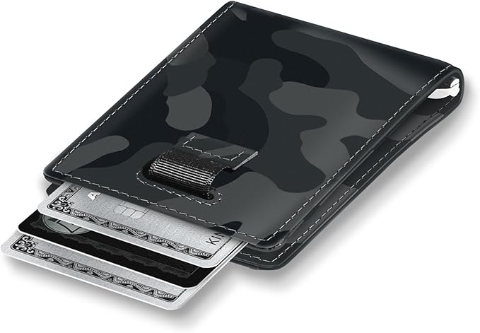 Kings Loot Money Clip Slim Minimalist Wallet for Men | RFID Blocking Leather Design with Money Clip | Front Pocket Bifold Holds 12 Cards | Stylish & Compact Wallets (Camo Black)