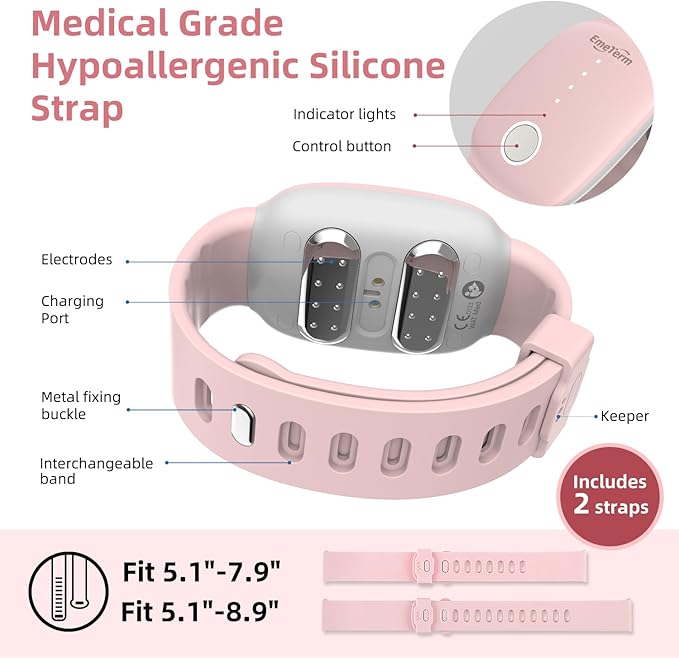 EmeTerm Fashion Pink Anti-Nausea Wristband Relieve Morning Motion Travel Sickness Rechargeable Drug Free Bands Without Side Effects - Extra 2pack Conductive Gel