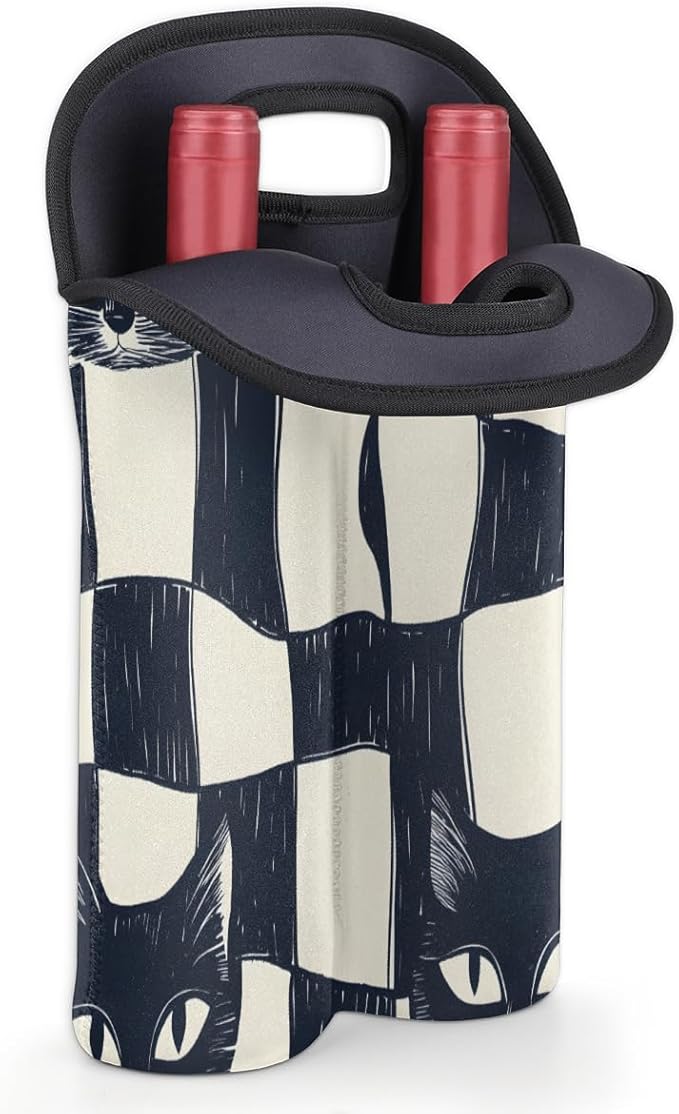 Neoprene Wine Tote, Bottle Carrier Gag Insulating Neoprene Thicker, Insulated Wine Bag for Travel Holds Two Bottles, Bottle Carrier Bags Protect the Bottles, Checkered Cat