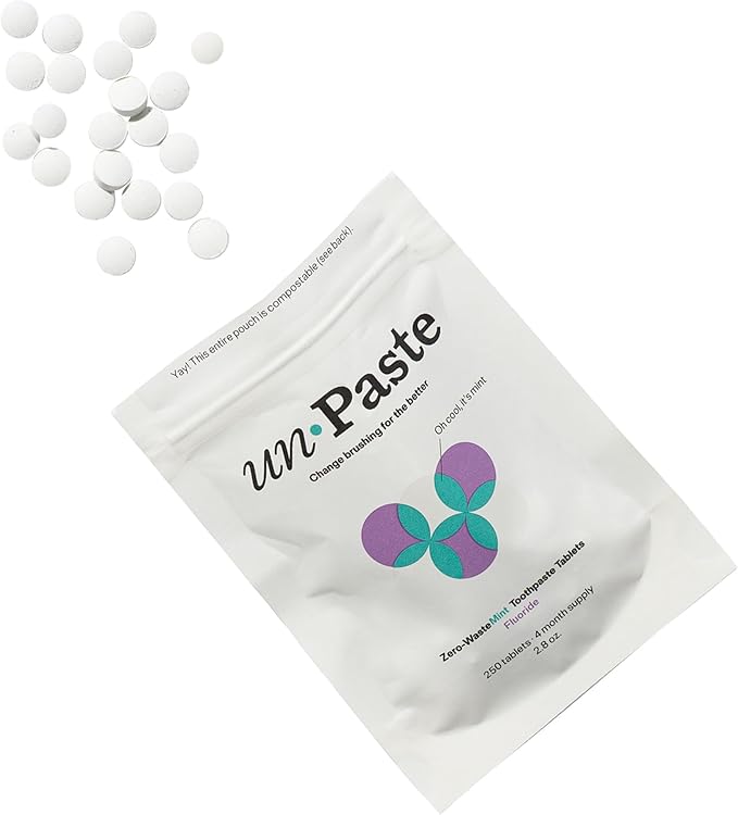 Unpaste Toothpaste Tablets, New Formula, Fluoride Mint, Xylitol Free, Vegan, Plastic Free, Travel-Friendly, Resealable Packet, 250ct, 4 Month Supply