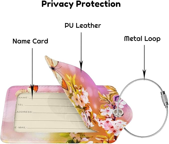 2 Packs Beautiful Spring Flowers PU Leather Luggage Tags Butterfly Suitcase Labels Bag Tags Cute Name ID Labels with Privacy Cover for Women Teen Girls Pink Yellow Background