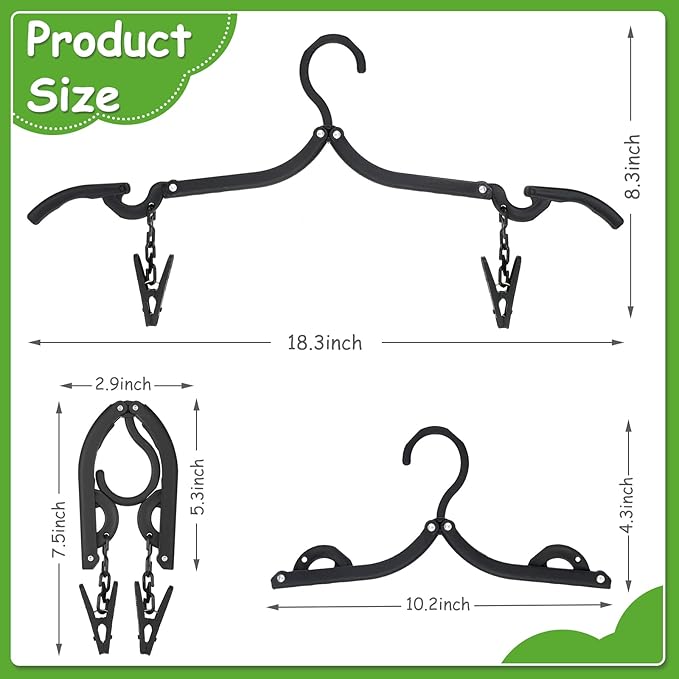 Maitys 24 Pieces Folding Travel Hangers Foldable with Clips Portable Collapsible Coat Hanger Travel Drying Rack for Clothes (Black)