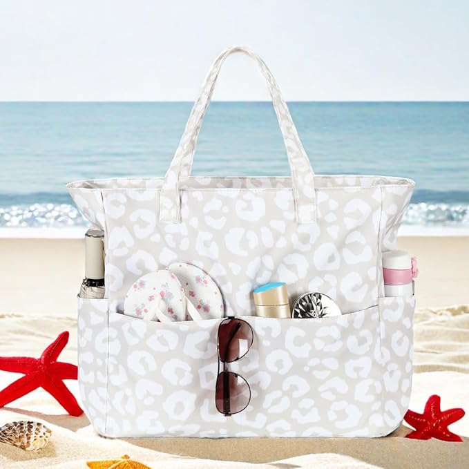 LEDAOU Large Beach Tote Bag Women Waterproof Sandproof Zipper Beach Tote Bag for Pool Gym Grocery Travel with Wet Pocket