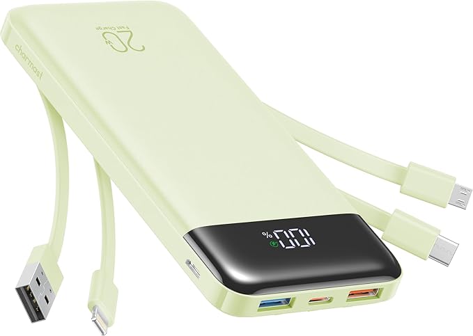 charmast 20000mAh Portable Charger with Built in Cables, 22.5W Travel Power Bank Fast Charging, USB C Cell Phone Battery Pack for iPhone 16/15/14/13/12/11 Series, iPad, Samsung, Android, Tablet