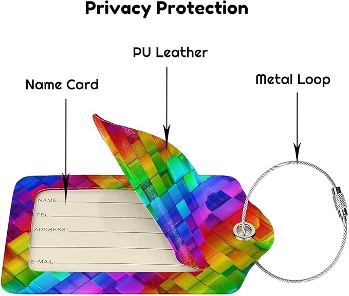 2 Pcs Colorful Geometric Luggage Tags for Suitcases, Bright Rainbow Leather Baggage Tags for Luggage with Privacy Name Address Identifiers Labels & Durable Steel Loop for Women Men Travel