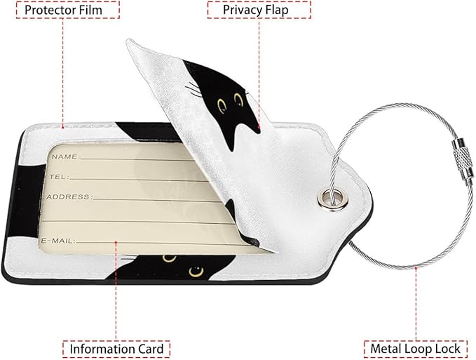 Cat's Gaze 2 Pack Luggage Tag for Suitcase, Cute Unique Leather Bag Tags Identifiers Privacy Cover ID Label with Steel Loop for Women Men Kids Girls Travel