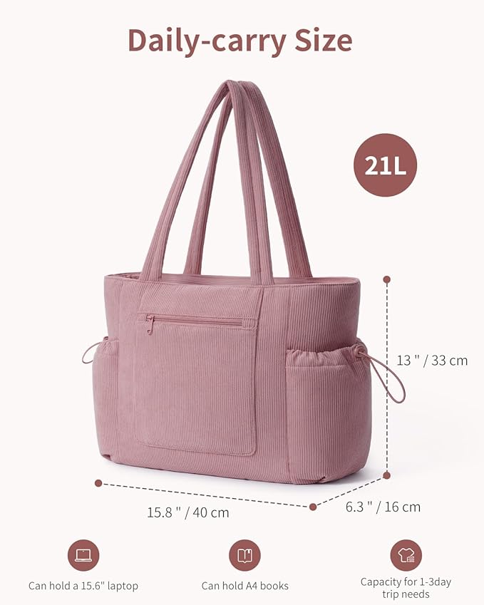 ECOHUB Tote Bag for Women, Work Tote Bags with Laptop Compartment, Large Corduroy Tote Bag with Stanley Cup Holder