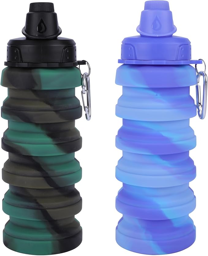 Collapsible Water Bottle for Adults, Boys, Students, Kids, Reusable Silicone Foldable Water Bottles for Travel Camping Hiking Sports,Leak-Proof Portable Sports Water Bottle (Camouflage & Purple)