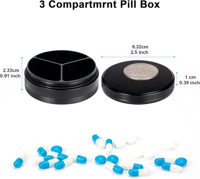 Metal Pill Case 3 Compartment - Waterproof Pocket Purse Pill Box Aluminium Travel Pill Container Medicine Organizer Portable Daily Pill Holder for Vitamins Medication Fish Oils