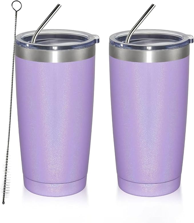 MEWAY 20oz Tumbler 2 Pack Double Wall Vacuum Insulated Travel Glitter Mug Bulk, Stainless Steel Tumblers with Lid and Straw, Powder Coated Coffee Cups for Woman(Rainbow Purple,Set of 2)
