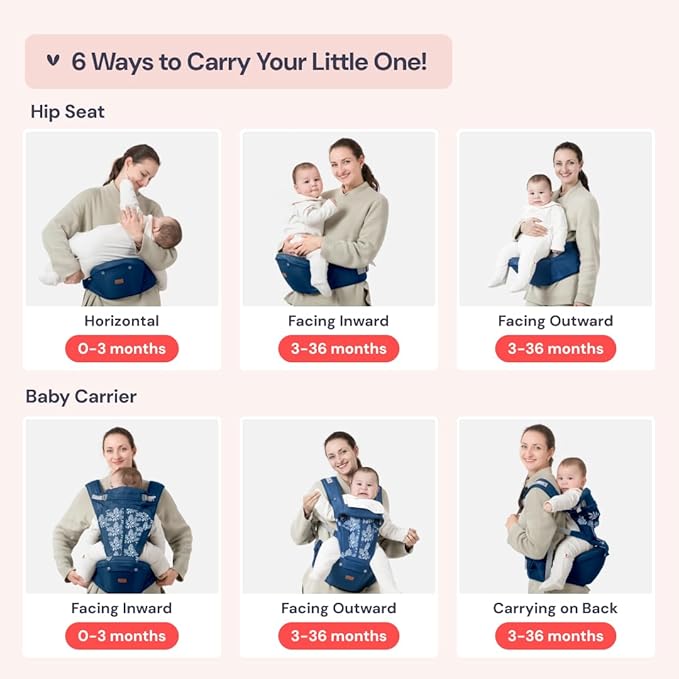 BabbleRoo Grow Carrier – 6-in-1 Baby Carrier with Hip Seat, Ergonomic, Cozy & Adjustable Toddler Carrier 7-50 lbs with Hip & Lumbar Support, Hood for Sun Protection, Newborn to Toddler, Denim Leaves
