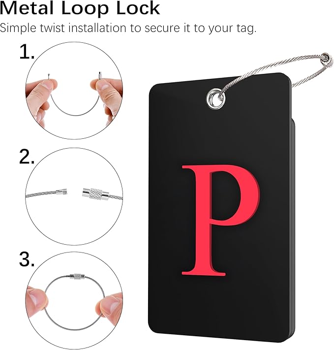 Gostwo 2 Pack Luggage Tags for Suitcases, 26 Initial Letter Travel Luggage Baggage Identification Labels ID Tag Fully Bendable Tags with Stainless Steel Loop (Black) (Letter P)