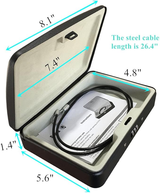 SEPOX® Water/Fire-Resistant Portable Security Case Lock Box Steel, Personal Travel Safe Storage Cabinet for Small Item, 3-Ft Cable, Ressetable Combination Lock for Dorm, Car, Sports, Office