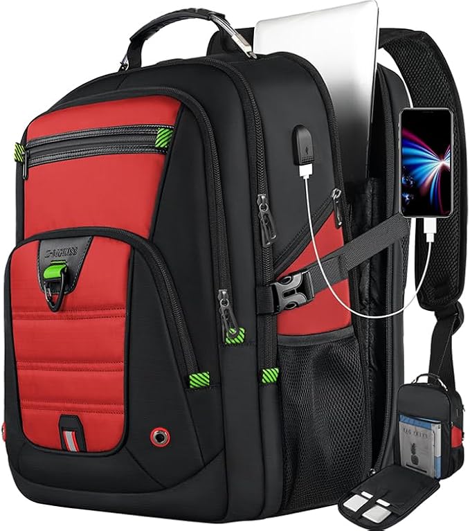 Z-MGKISS 52L Extra Large Laptop Backpack, Travel Computer Bag with USB Port, TSA-Approved Business Rucksack for Men Women, Heavy Duty Backpack Fits 17.3 Inch Laptop & Notebook, Red