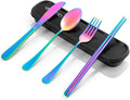 Travel Utensils with Case, Quatish Portable Silverware Set for Work, Stainless Steel Reusable Travel Cutlery Set, Fork and Spoon Set for Picnic, Camping, Gadgets, Lunch Box for Men, Rainbow