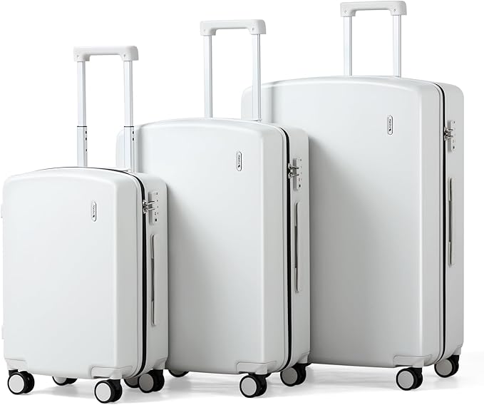 Hanke Hard Shell Luggage Sets 3 Pieces, Carry On and Checked Luggage Sets with Spinner Wheels, Durable PC Hardside Rolling Suitcase for Travel (20/24/28 Inch, Smoke White)