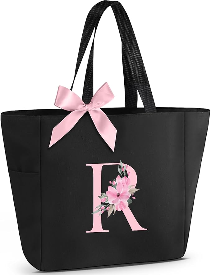 Vavabox Tote Bag, A-Z Initial Monogrammed Waterproof Tote Bag, Bridesmaid Gifts for Women, Black and Pink