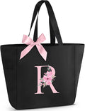 Vavabox Tote Bag, A-Z Initial Monogrammed Waterproof Tote Bag, Bridesmaid Gifts for Women, Black and Pink