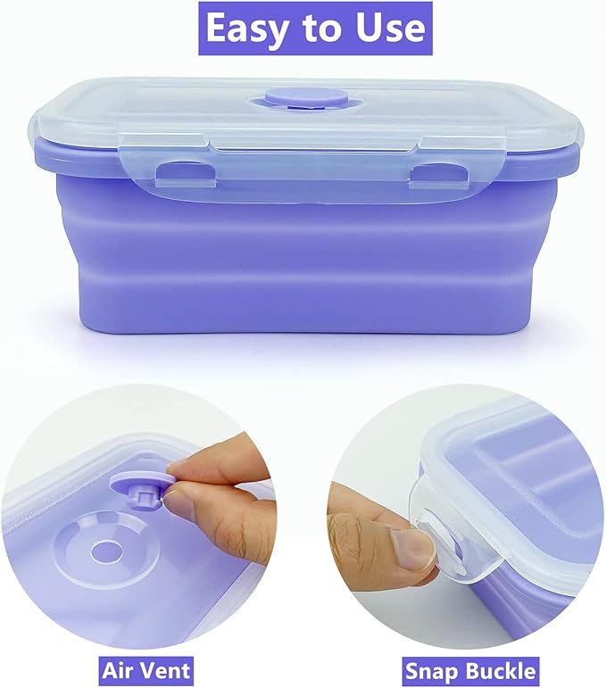 Purple Collapsible Meal Prep Containers Camping Bowls Silicone Bento Box with Airtight Plastic Lid, Microwave Safe, Portable Lunch Container, For Food Storage, Travel and Hiking, 3Pack