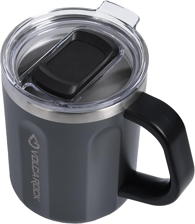 Stainless Steel Coffee Mug Cup with Handle, 16 oz Double Wall Vacuum Insulated Travel Mug Tumbler With Slider Lid, Insulated Camping Tea Flask for Hot & Cold Drinks (Grey)