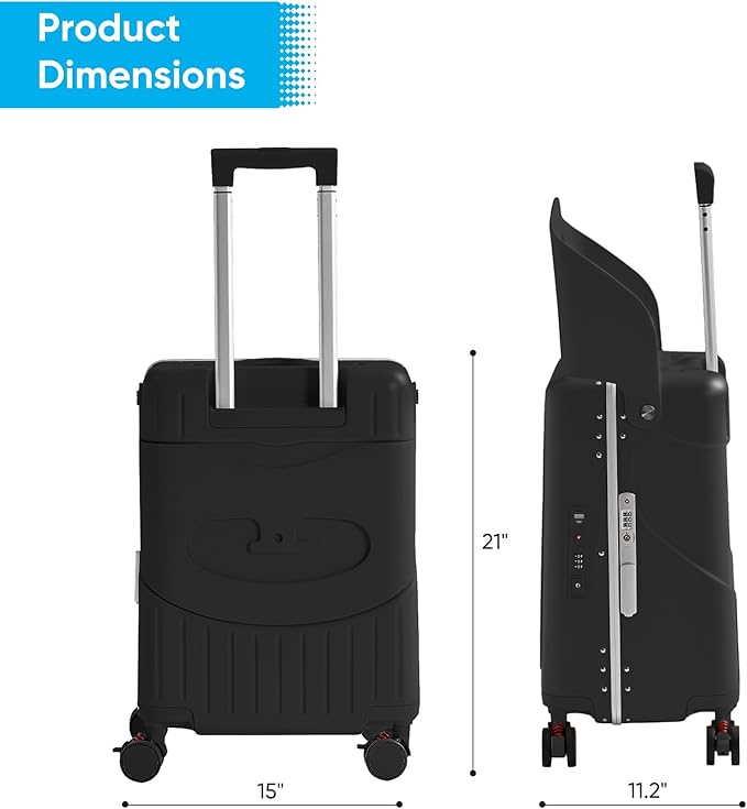 TABU 20" Ride-on Luggage with Seat，Front Opening Carry-On Hardshell Ride On Suitcase with Built-in Charging Port, 360° Lockable Spinner and TSA Lock, for Kids & Adults, Black
