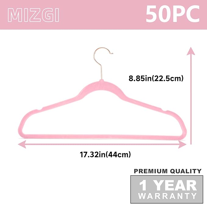 MIZGI Premium Velvet Hangers (Pack of 50) Heavy Duty - Non Slip - Velvet Suit Hangers Light Pink - Copper/Rose Gold Hooks, Space Saving Clothes Hangers