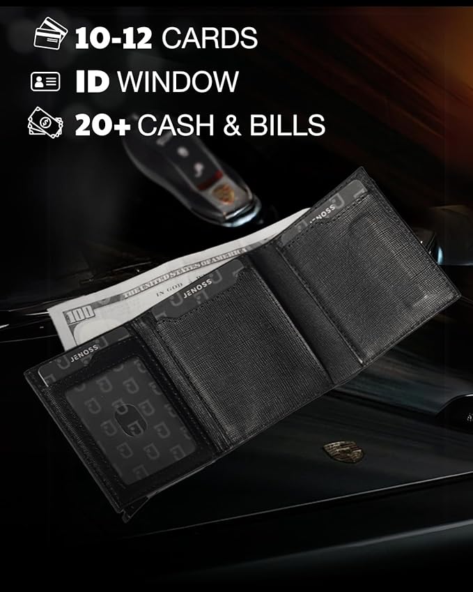Jenoss Smart Wallet For Men: Full Grain Leather, Handcrafted, Slide Metal Pop Up Case, Slim RFID Blocking Credit Card Holder, Minimalist, Compact 12 Cards Slot Organizers, ID, Money Clip (Black&Cream)