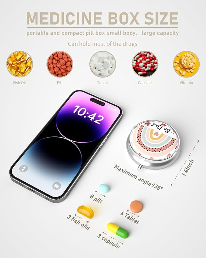Pill Box, 3 Compartment Portable Travel Medicine Box with Mirror, Compact and Cute, Fits in Purse and Pocket, Medicine and Vitamin Organizer (Rainbow)