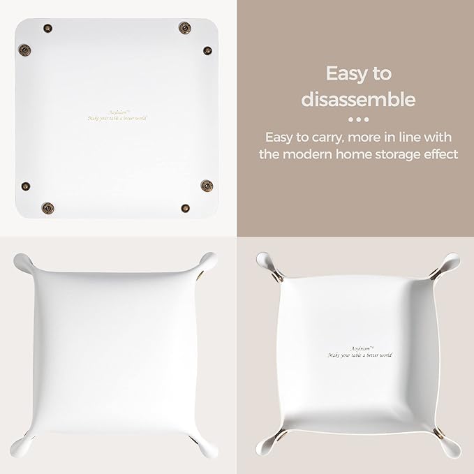 Leather Valet Tray, Premium Catchall Trays, Jewelry Trays, Decorative Desk Organizer,Folding Travel Organizer,Office/Home Organization Trays (Large Medium and Small, 3PCS)(White)