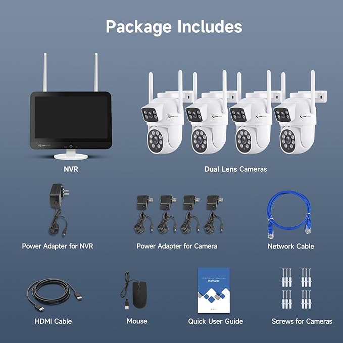 YEEWISE 2K Wi-Fi 6 Wireless Security Camera System with 12" Monitor, Dual Lens WiFi Security Cameras with 360° Pan Tilt & Auto Tracking, 16CH NVR with 1TB HDD, 5G&2.4G WiFi, 24/7 Record,Plug-in Power