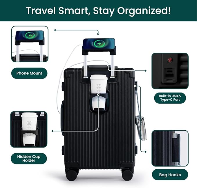 Nobl Travel Carry On Luggage, Noble Zipperless Aluminum Frame PC Hard Shell Suitcase, 20.8"x15"x8.7" Airline Approved, 360° Spinner Wheels, TSA Locks, USB Charging Port, Cup & Phone Holder - Black